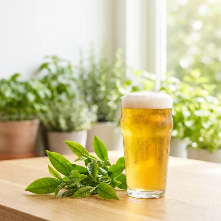 A poured glass of tea craft beer beside a cut branch of fresh tea leaf.