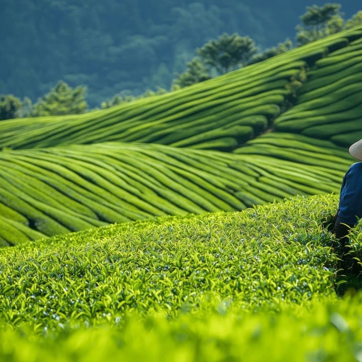 Terraced tea hillside in new growth.