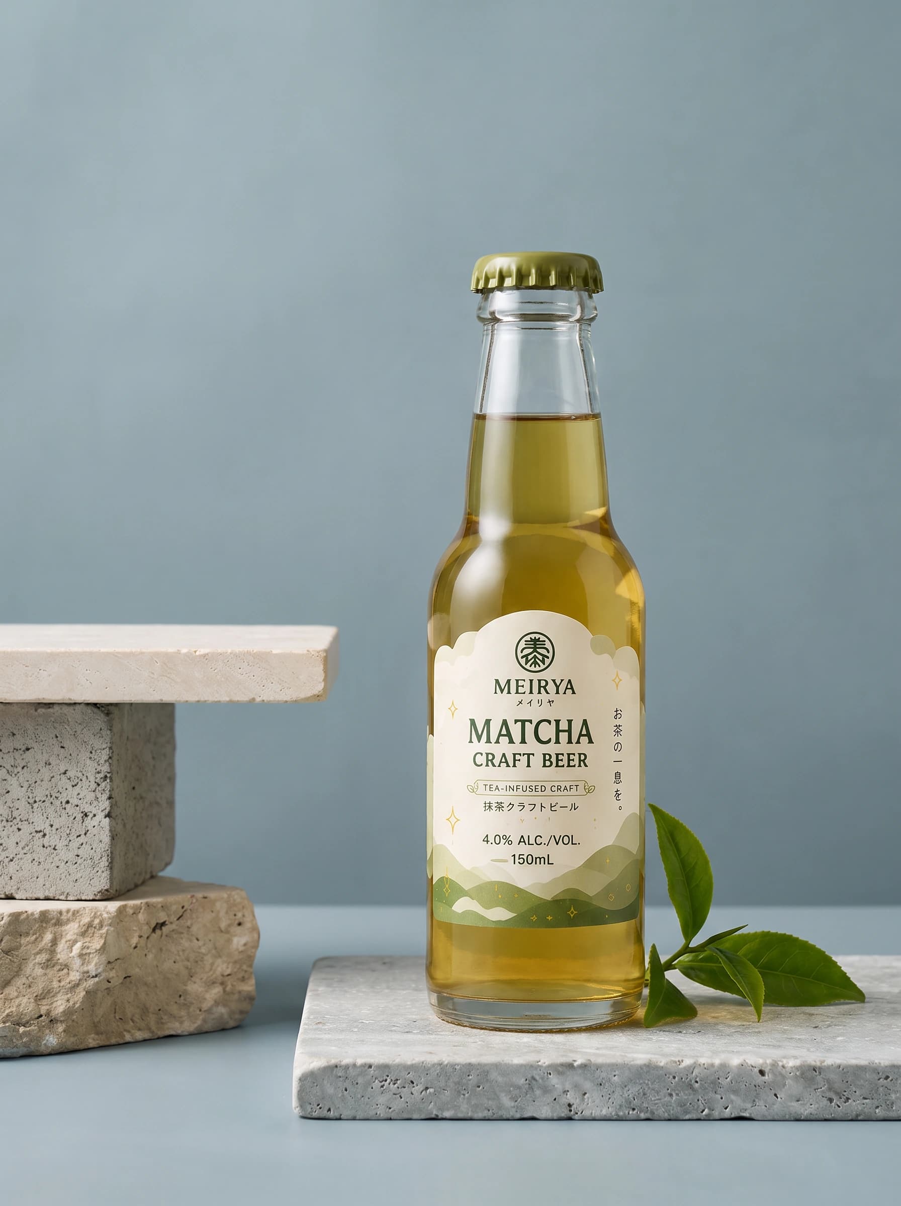 A 330 ml can of MEIRYA green tea craft beer being poured into a glass.